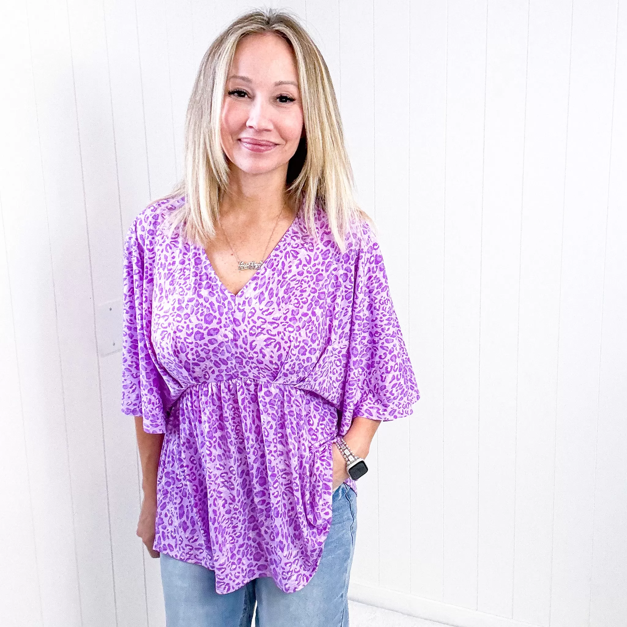 Dear Scarlett Dreamer Peplum Top in Lavender Leopard Print