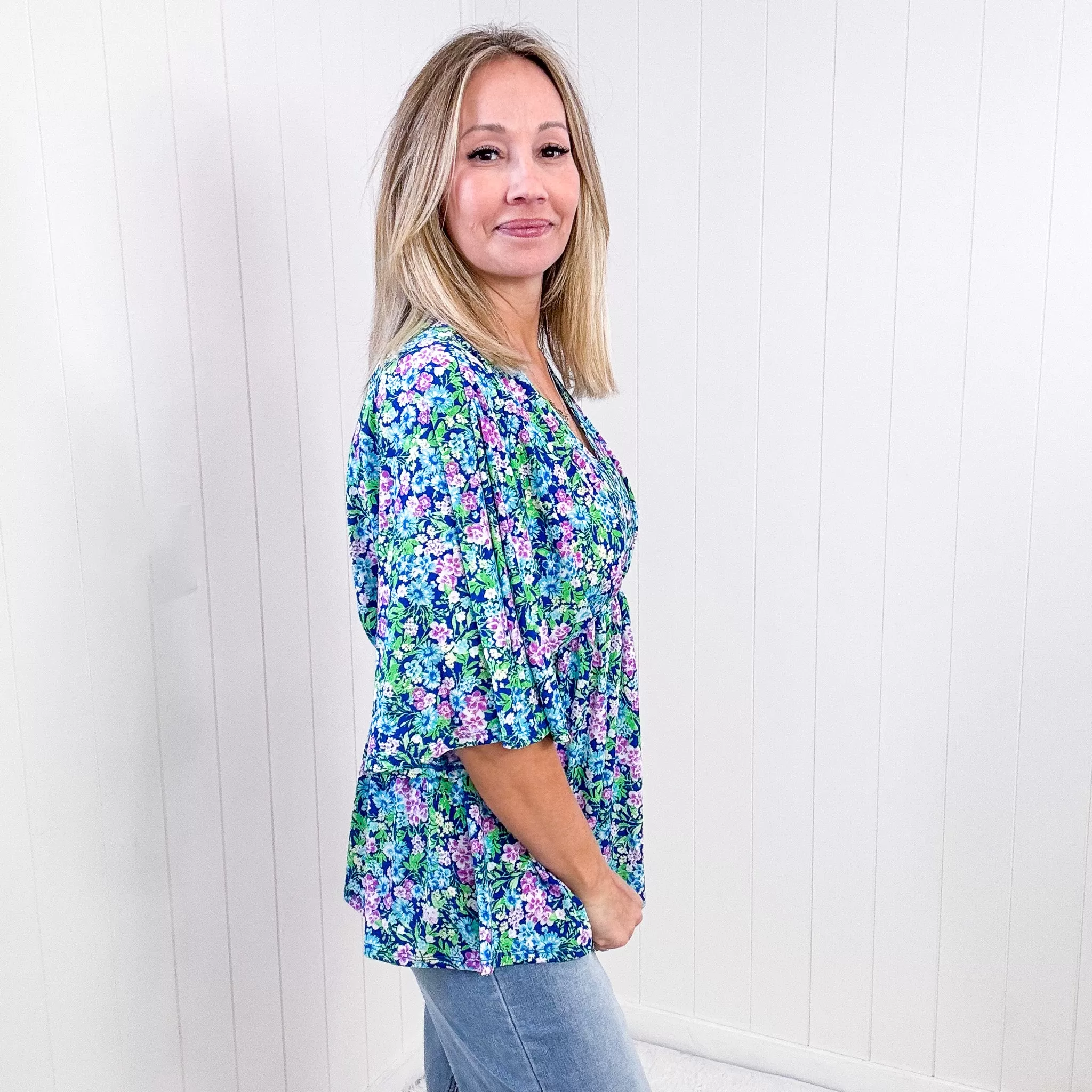 Dear Scarlett Dreamer Peplum Top in Navy and Mint Floral