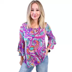 Dear Scarlett Willow Bell Sleeve Top in Lavender Mint Paisley