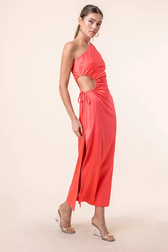 Della Cut Out Satin Slit One Shoulder Midi Dress