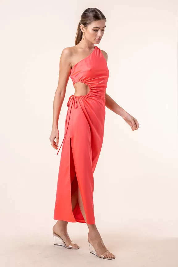 Della Cut Out Satin Slit One Shoulder Midi Dress