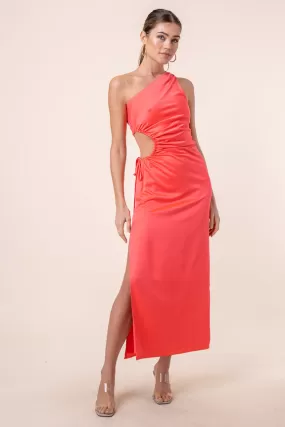 Della Cut Out Satin Slit One Shoulder Midi Dress