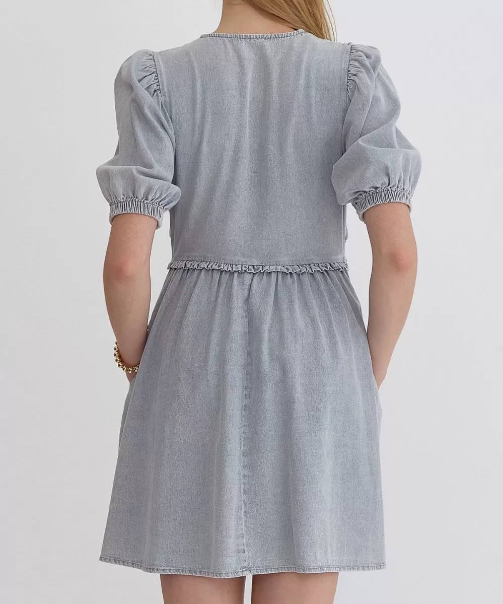 Denim Dress with Short Sleeves - Light Blue