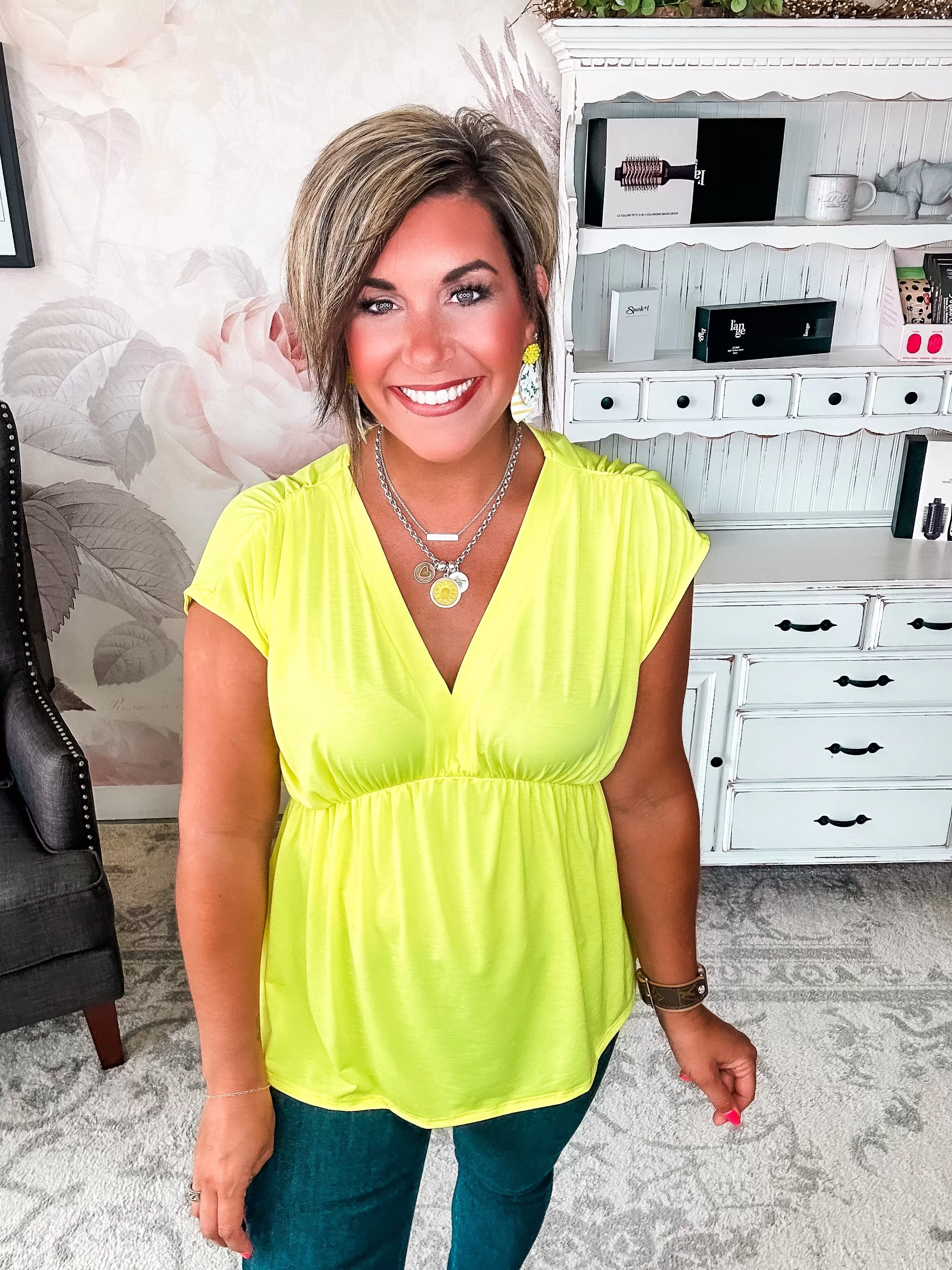 Dream On Peplum Short Sleeve Top - Neon Yellow