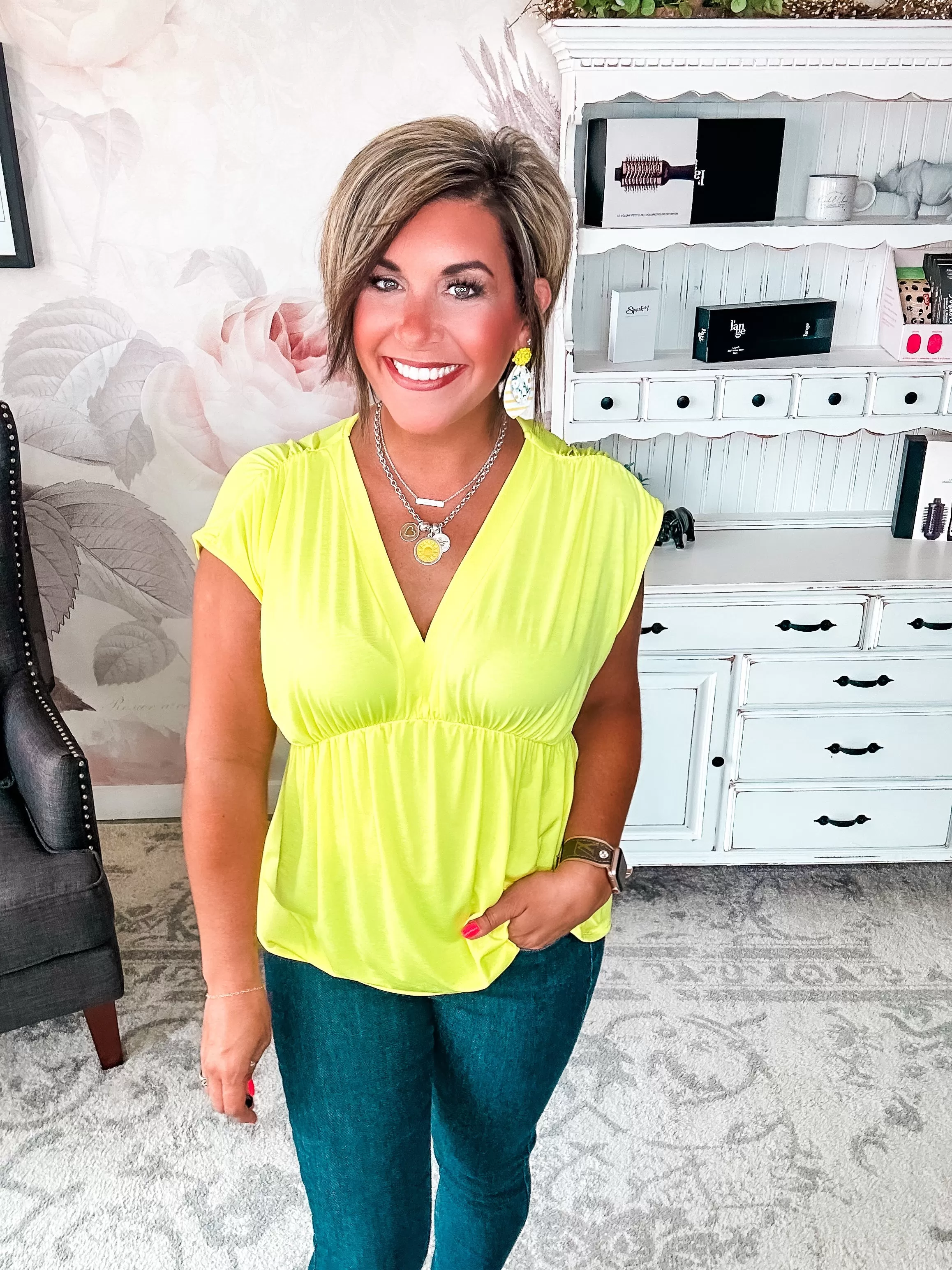 Dream On Peplum Short Sleeve Top - Neon Yellow