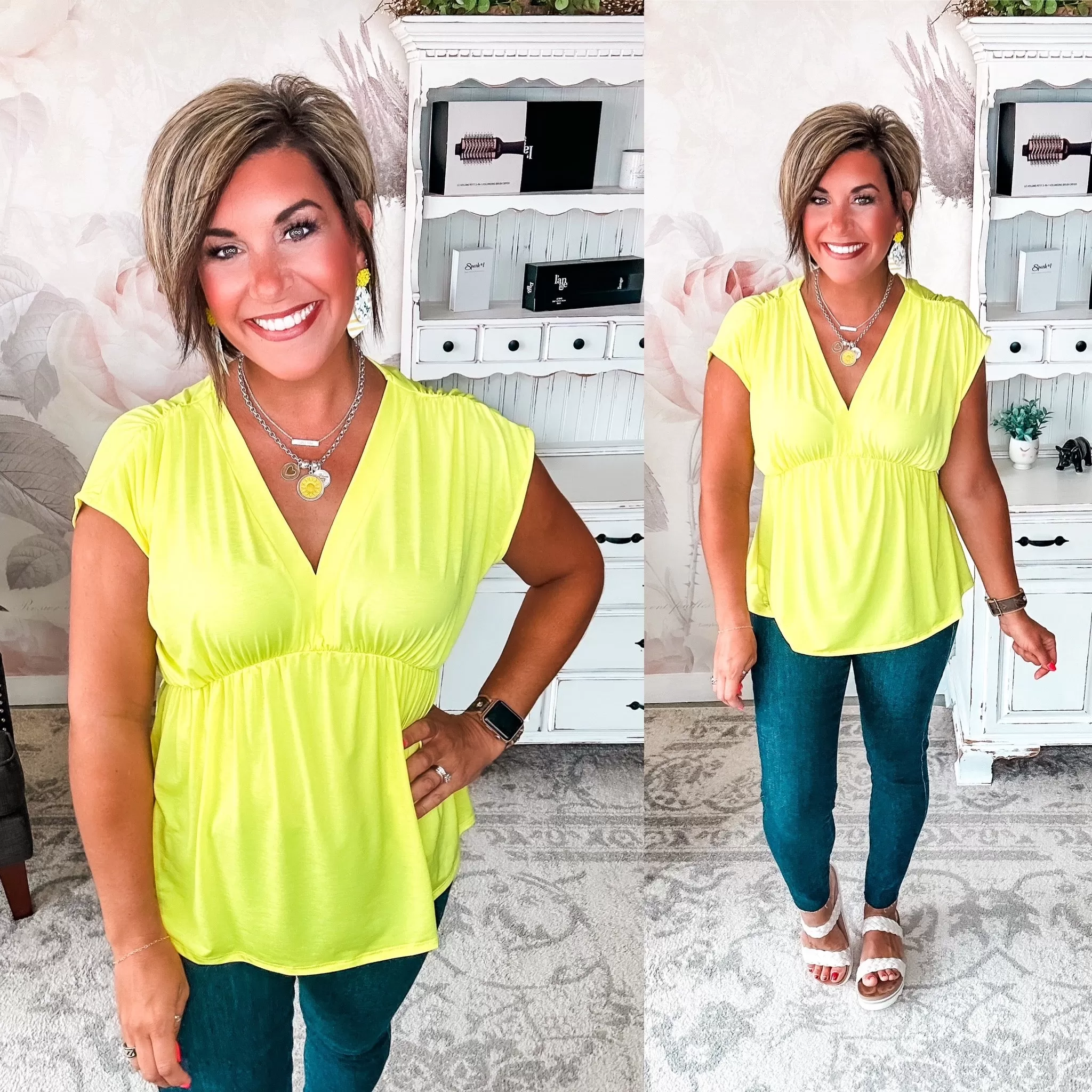 Dream On Peplum Short Sleeve Top - Neon Yellow