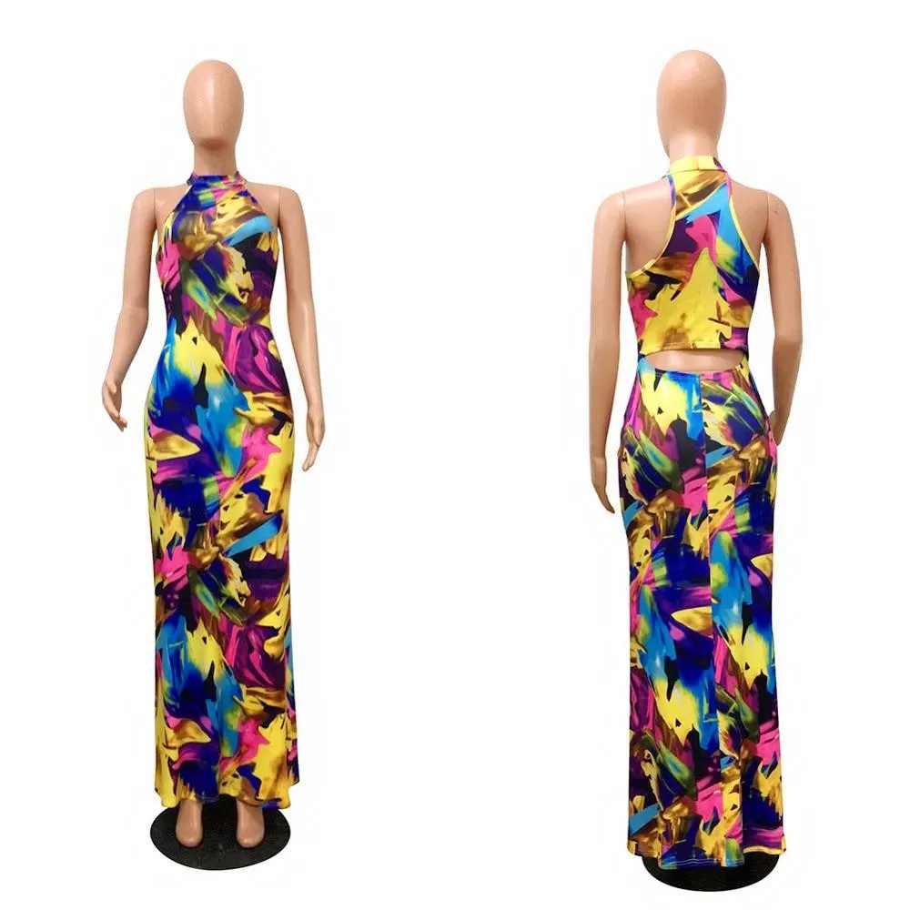 Elegant Boho Floral Print Halter Long Dress Backless Hollow Out