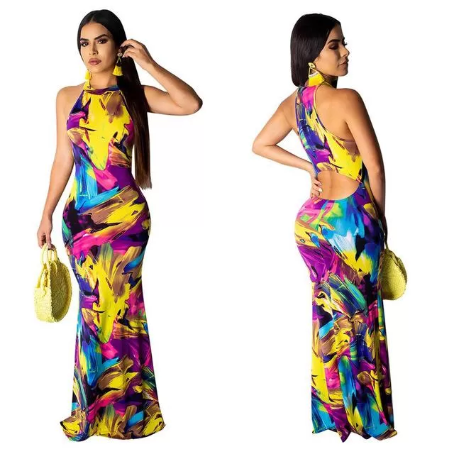 Elegant Boho Floral Print Halter Long Dress Backless Hollow Out