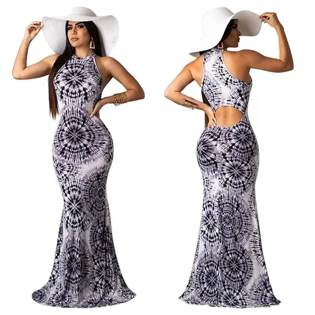 Elegant Boho Floral Print Halter Long Dress Backless Hollow Out