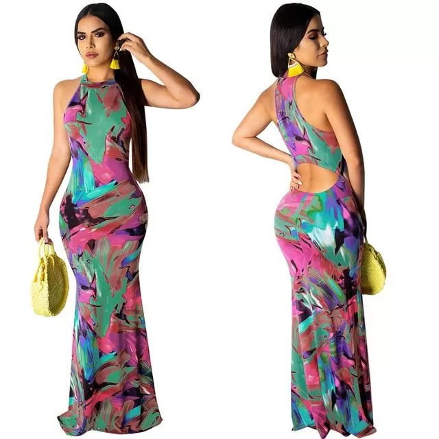 Elegant Boho Floral Print Halter Long Dress Backless Hollow Out