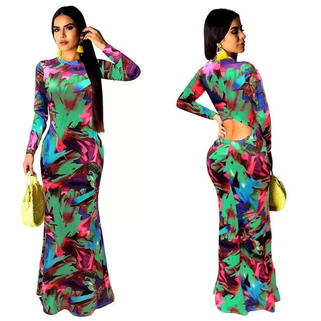 Elegant Boho Floral Print Halter Long Dress Backless Hollow Out