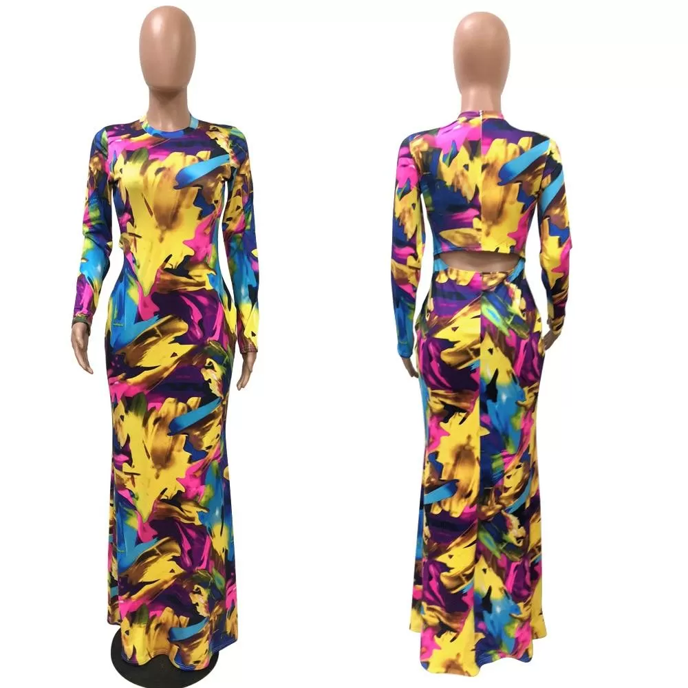 Elegant Boho Floral Print Halter Long Dress Backless Hollow Out