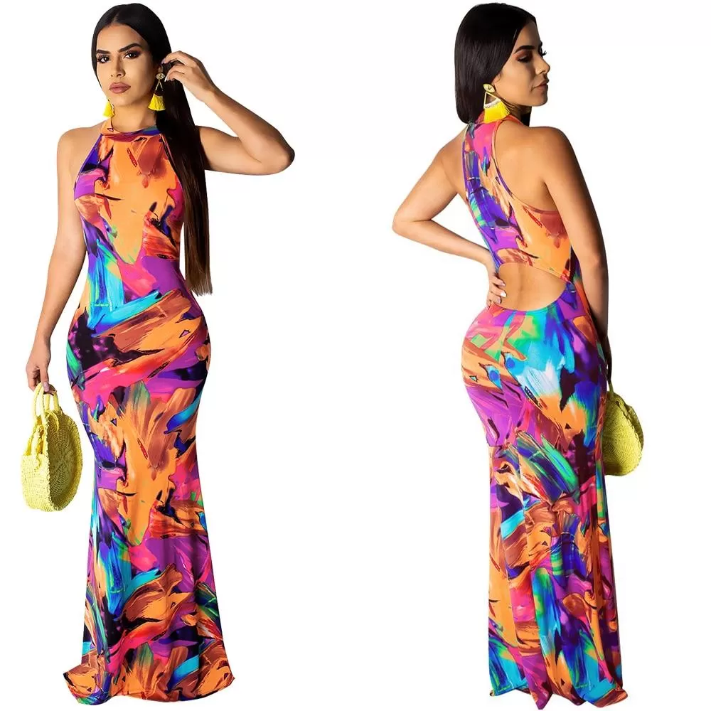 Elegant Boho Floral Print Halter Long Dress Backless Hollow Out