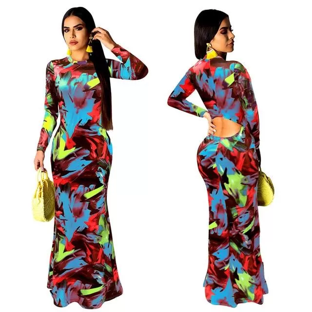 Elegant Boho Floral Print Halter Long Dress Backless Hollow Out