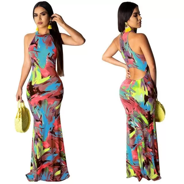 Elegant Boho Floral Print Halter Long Dress Backless Hollow Out