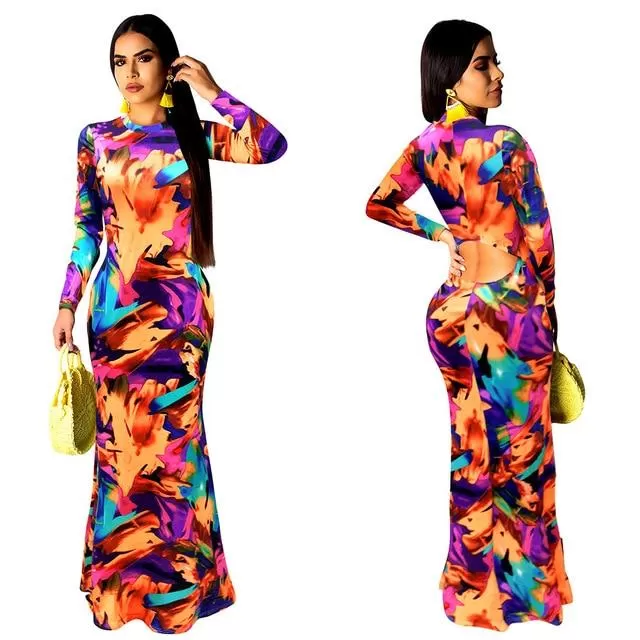 Elegant Boho Floral Print Halter Long Dress Backless Hollow Out