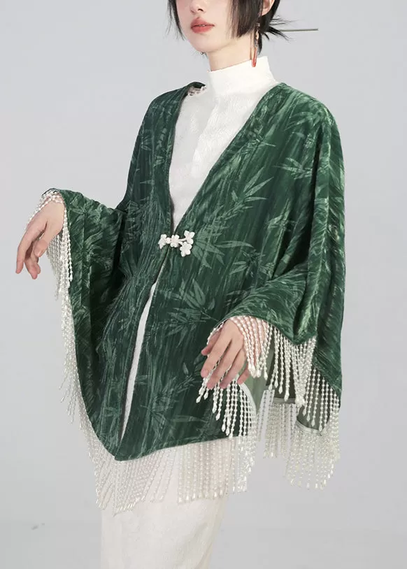 Elegant Green Tasseled Chinese Button Cotton Cape Coats Spring QA1019