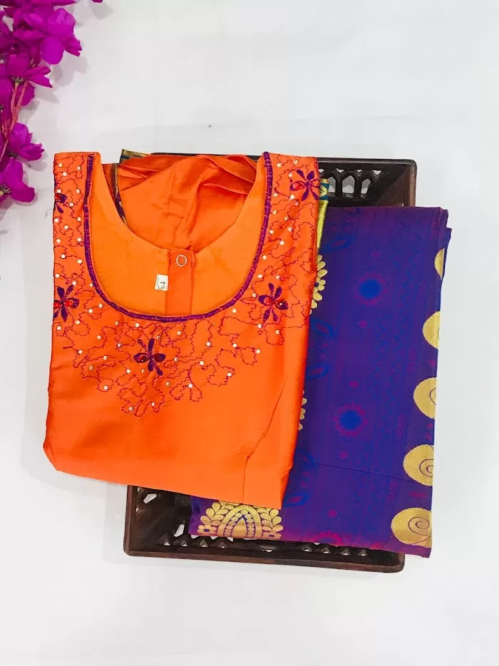 Elegant Orange Colored Langa Set With Embroidery Work On Neck