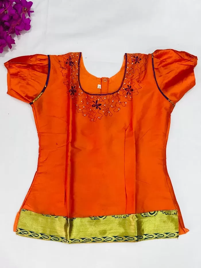 Elegant Orange Colored Langa Set With Embroidery Work On Neck