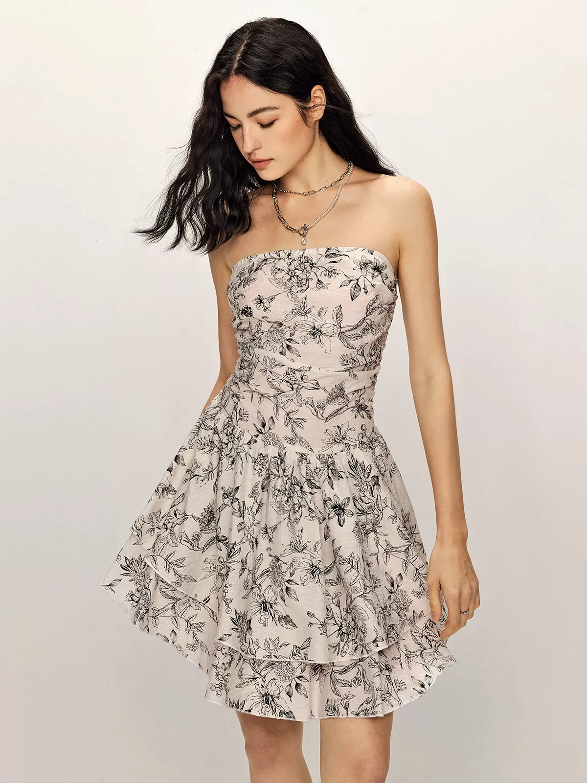 Elegant Printed Ruffle Tube Dress