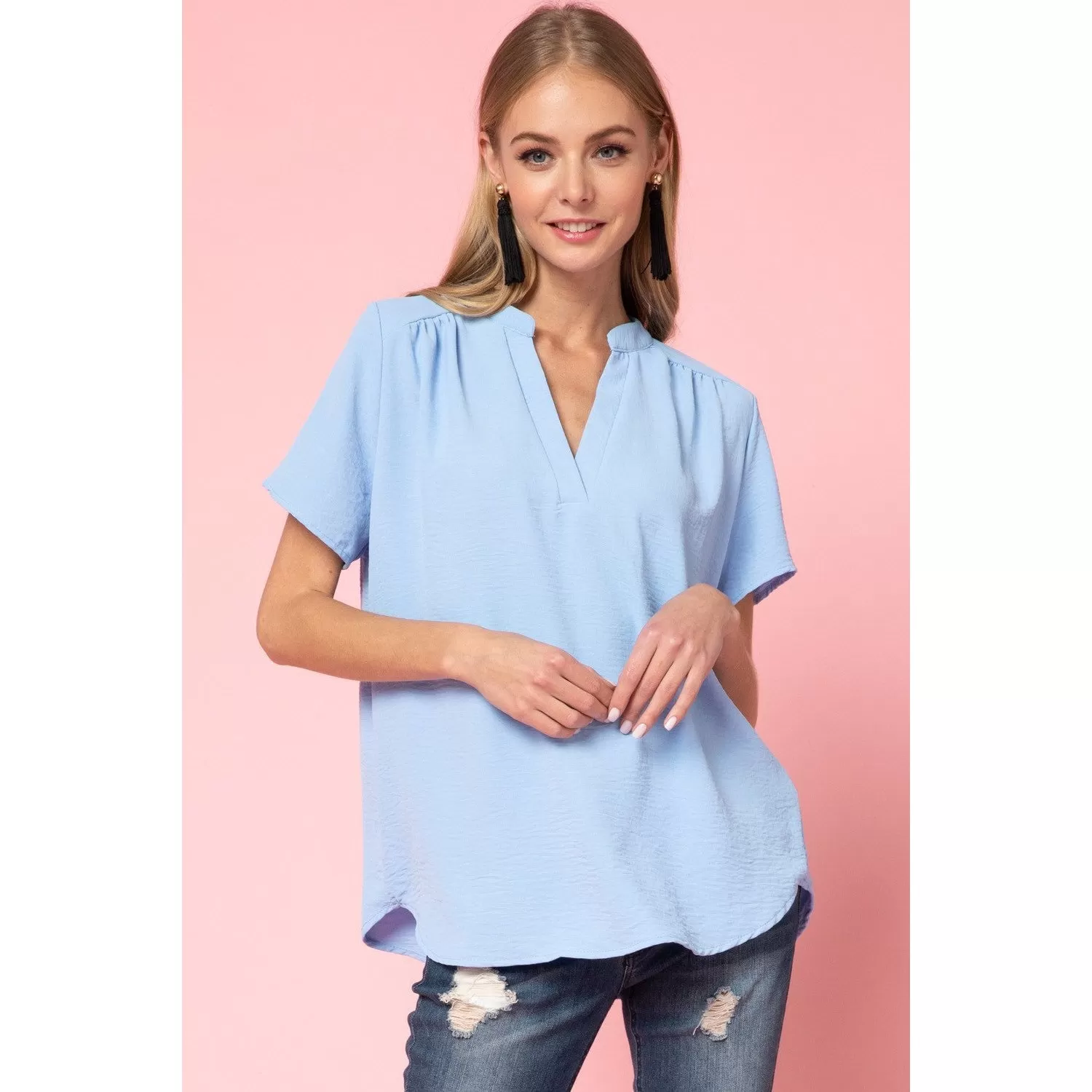 Entro V-Neck Placket Top - Blue