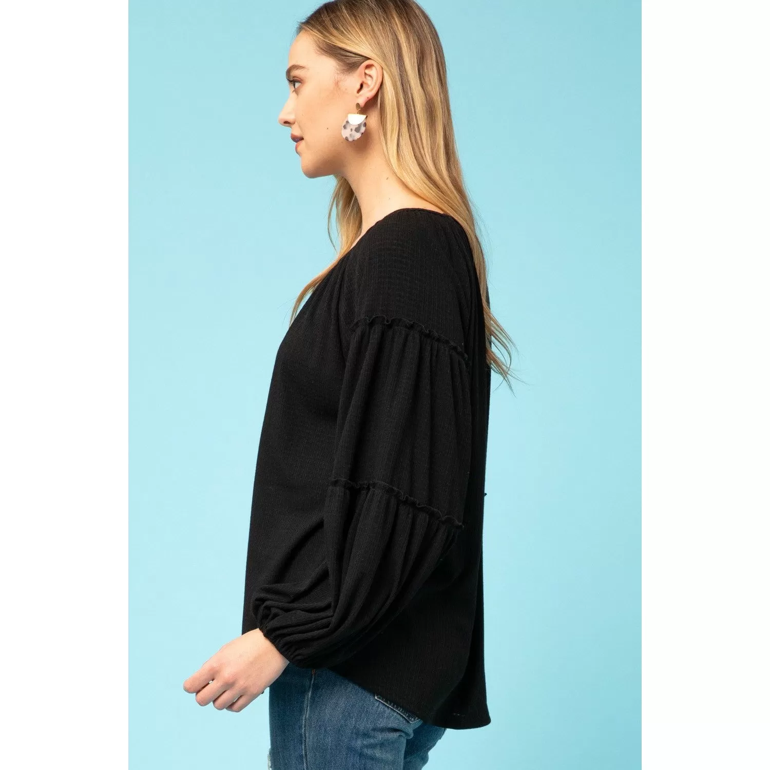 Entro Waffle Knit Top with Round Neck - Black