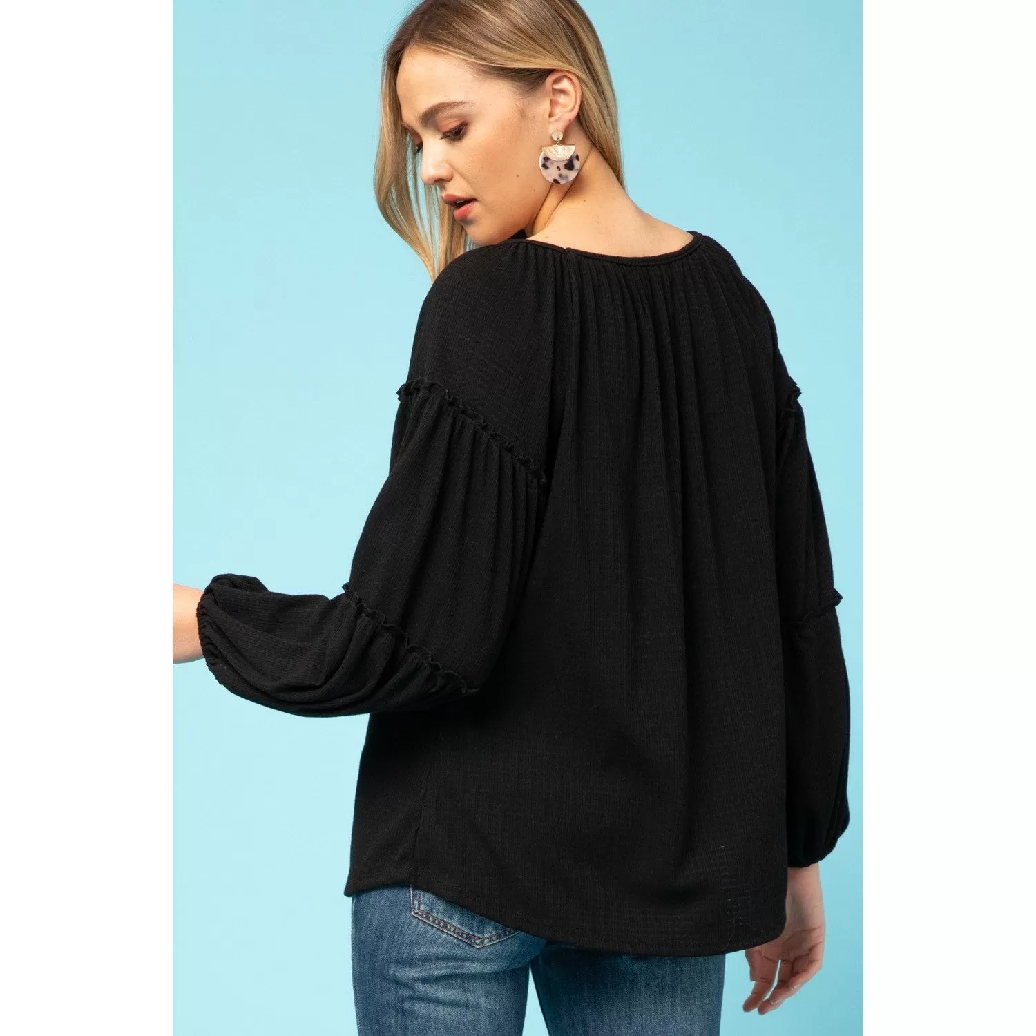 Entro Waffle Knit Top with Round Neck - Black