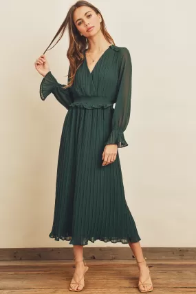 Esmae Pleated Midi Dress in Forest Green