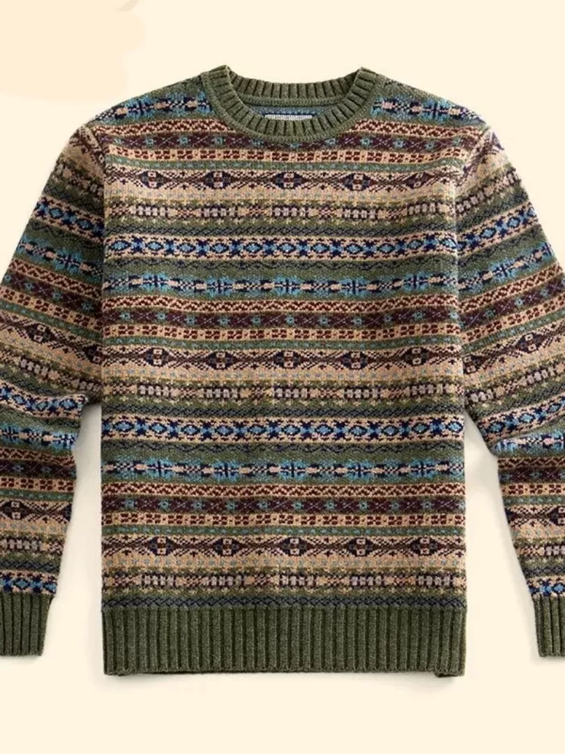 Fair Isle Pull Over Sweaters New Arrival Autumn And Winter Men's Vintage Thick Pullovers O-neck Sweater Men