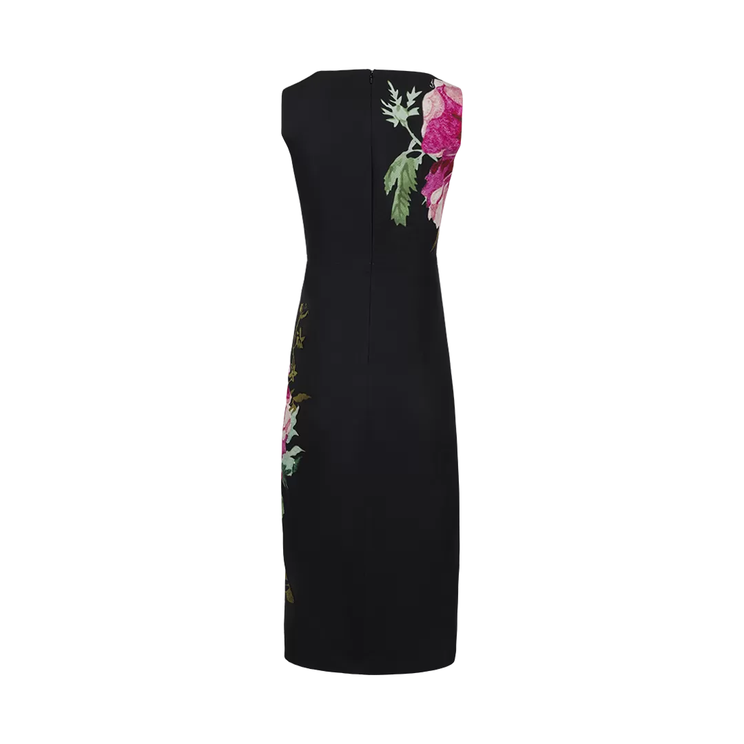 Floral Black Pleated Midi Dress