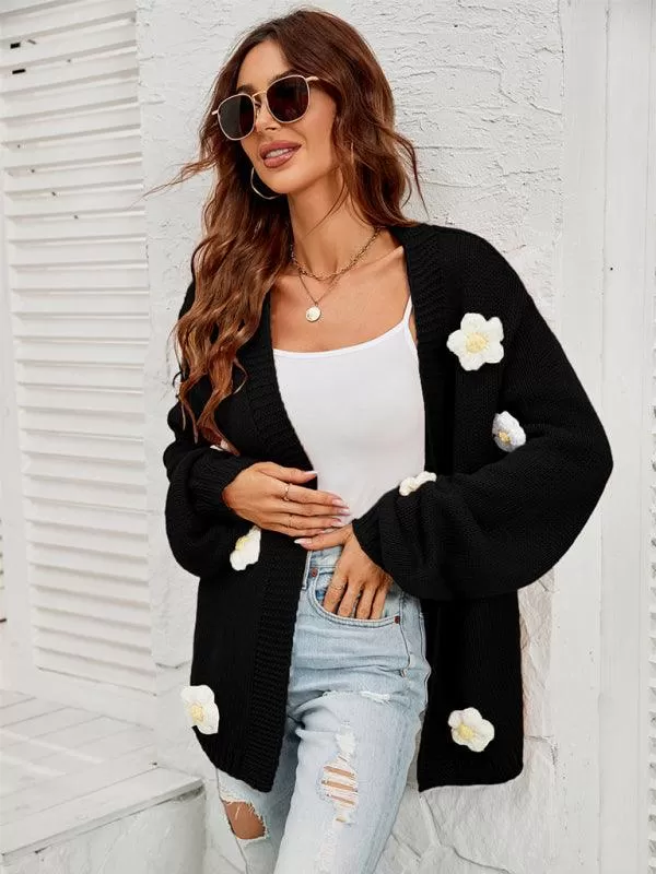 Floral Lantern Sleeves Cardigan Sweater