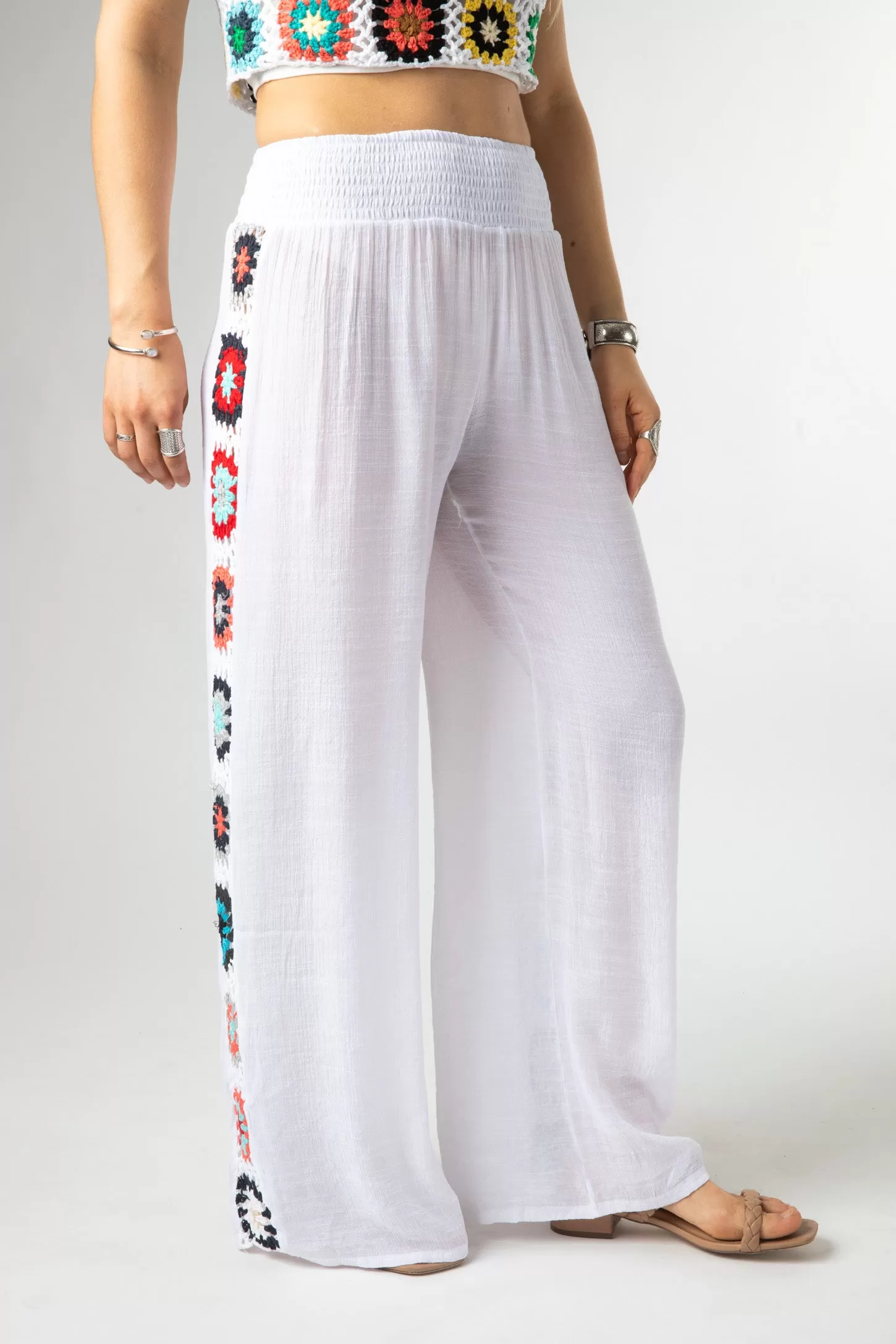 Floral Panel Crochet Pants