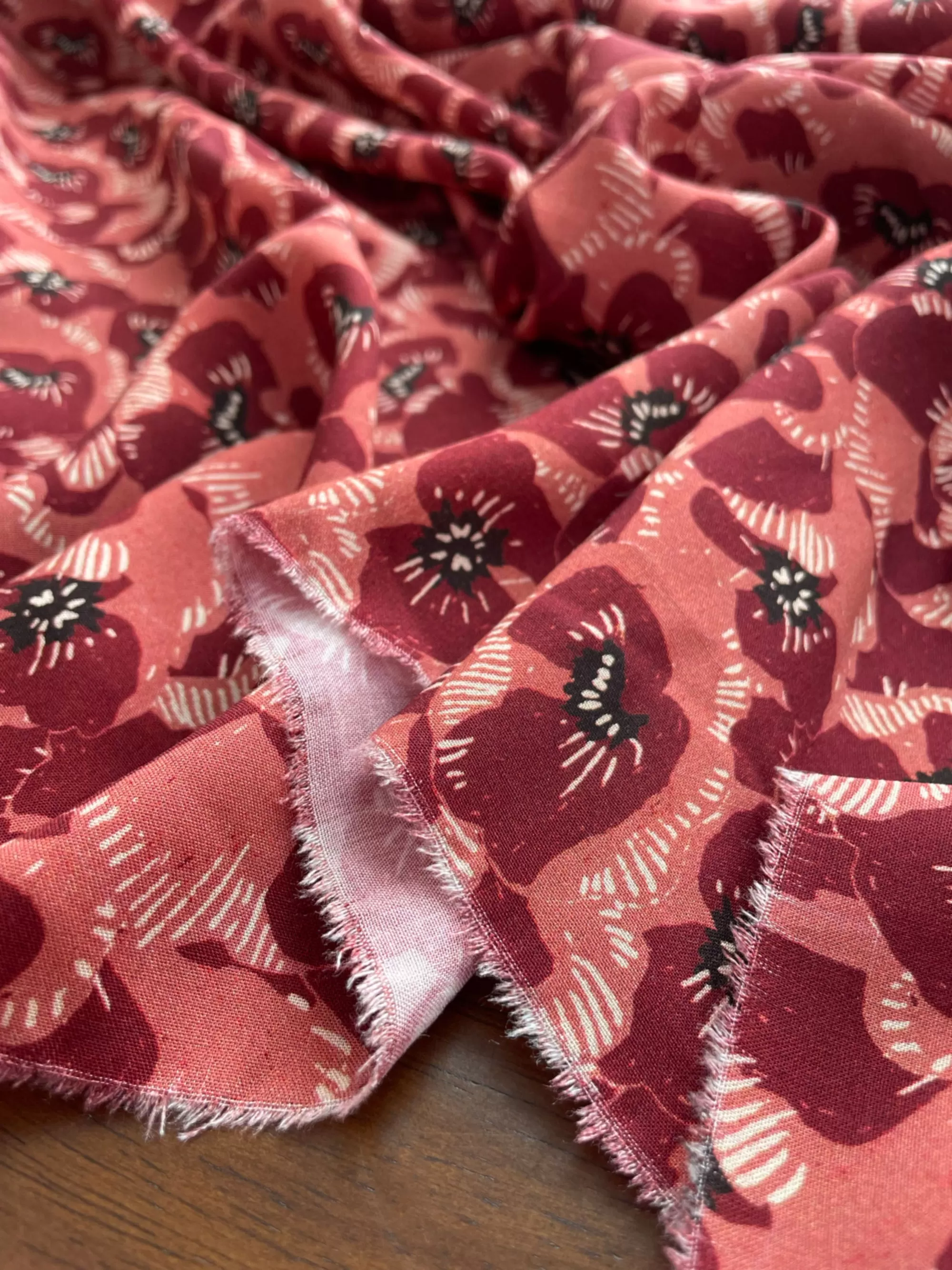 Floral Rayon Challis Fabric from France in Poppy Blossoms