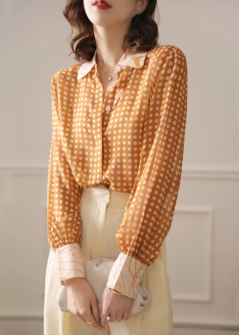 French Yellow Peter Pan Collar Dot Chiffon Blouse Spring AS1032