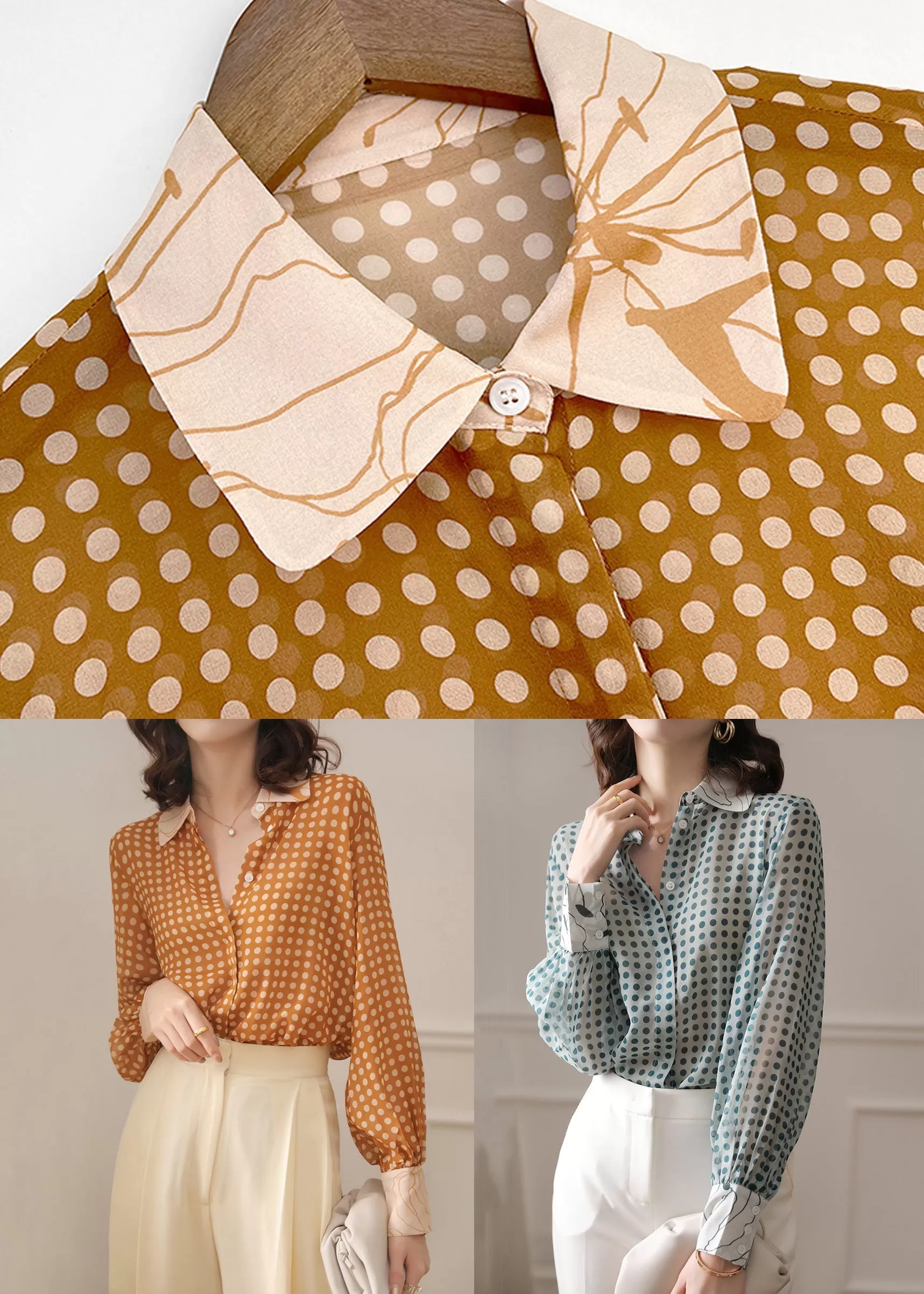 French Yellow Peter Pan Collar Dot Chiffon Blouse Spring AS1032