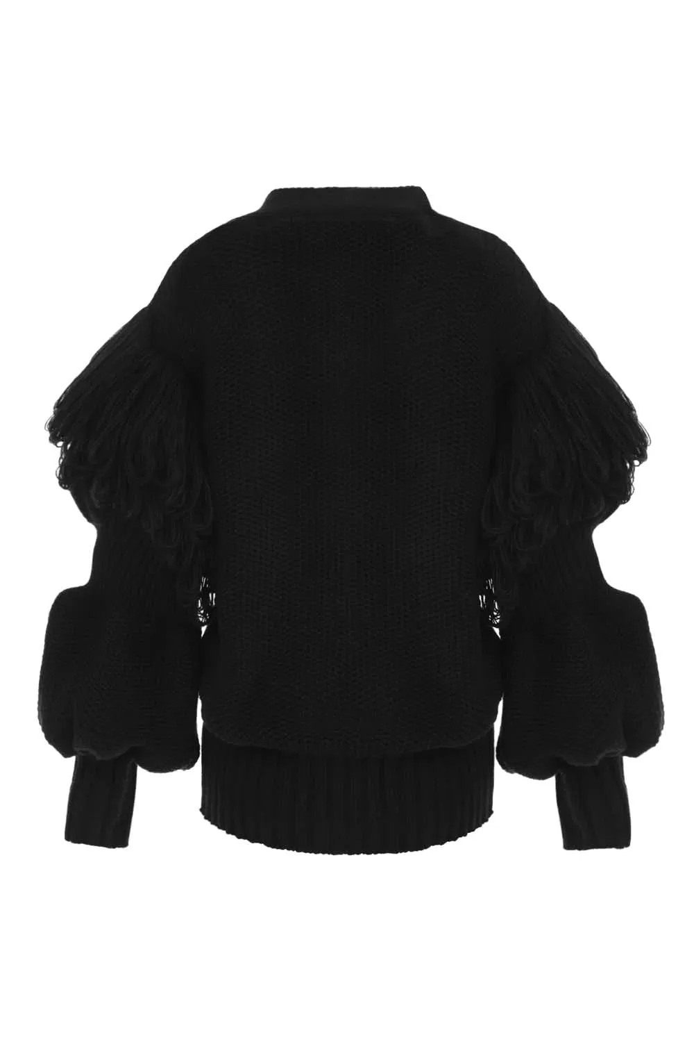 FRINGES POUF SLEEVE CARDIGAN IN BLACK