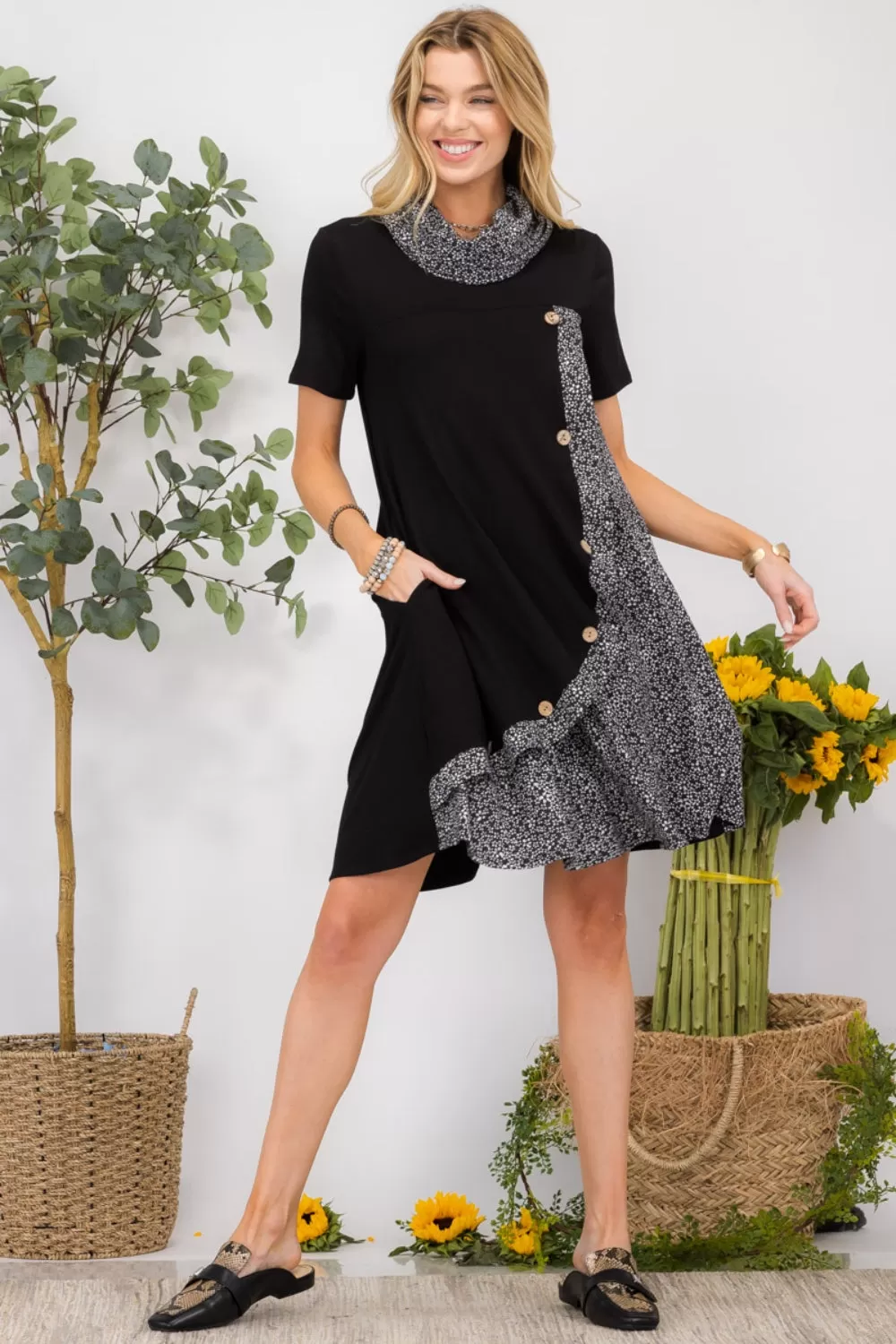 Full Size Decor Button Short Sleeve Dress with Pockets