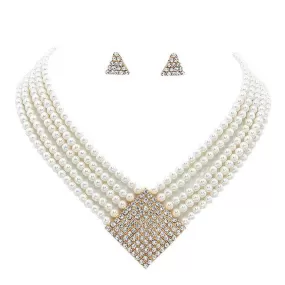 Geometric Crystal Detail Multi Strand Pearl Necklace