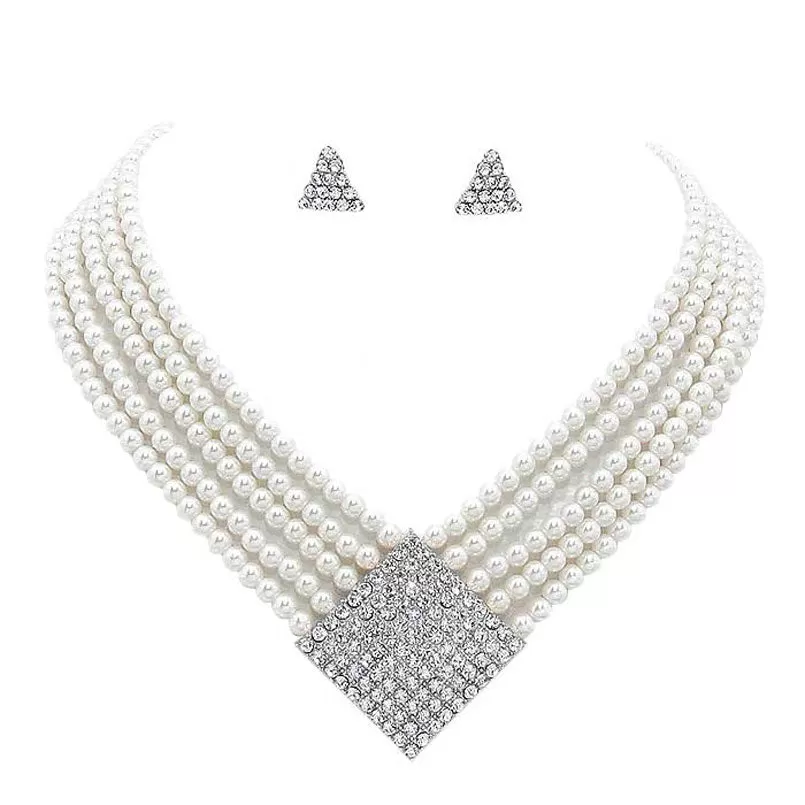 Geometric Crystal Detail Multi Strand Pearl Necklace