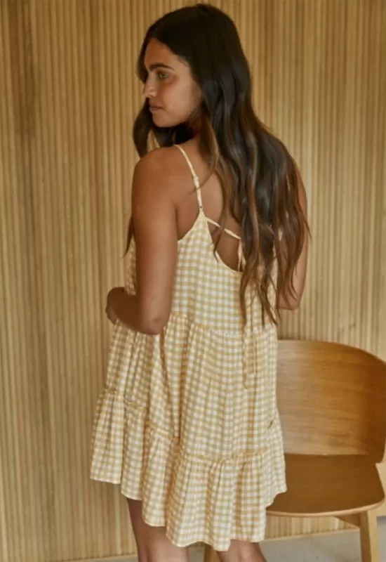 Gingham Ruffle Dress Mustard Ivory