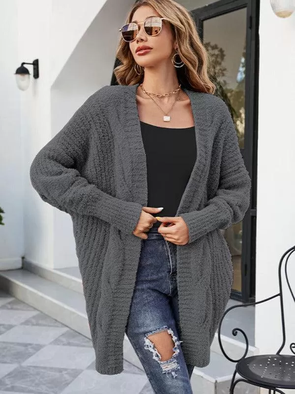 Grey V-Neck Drop-Shoulder Cardigan Sweater