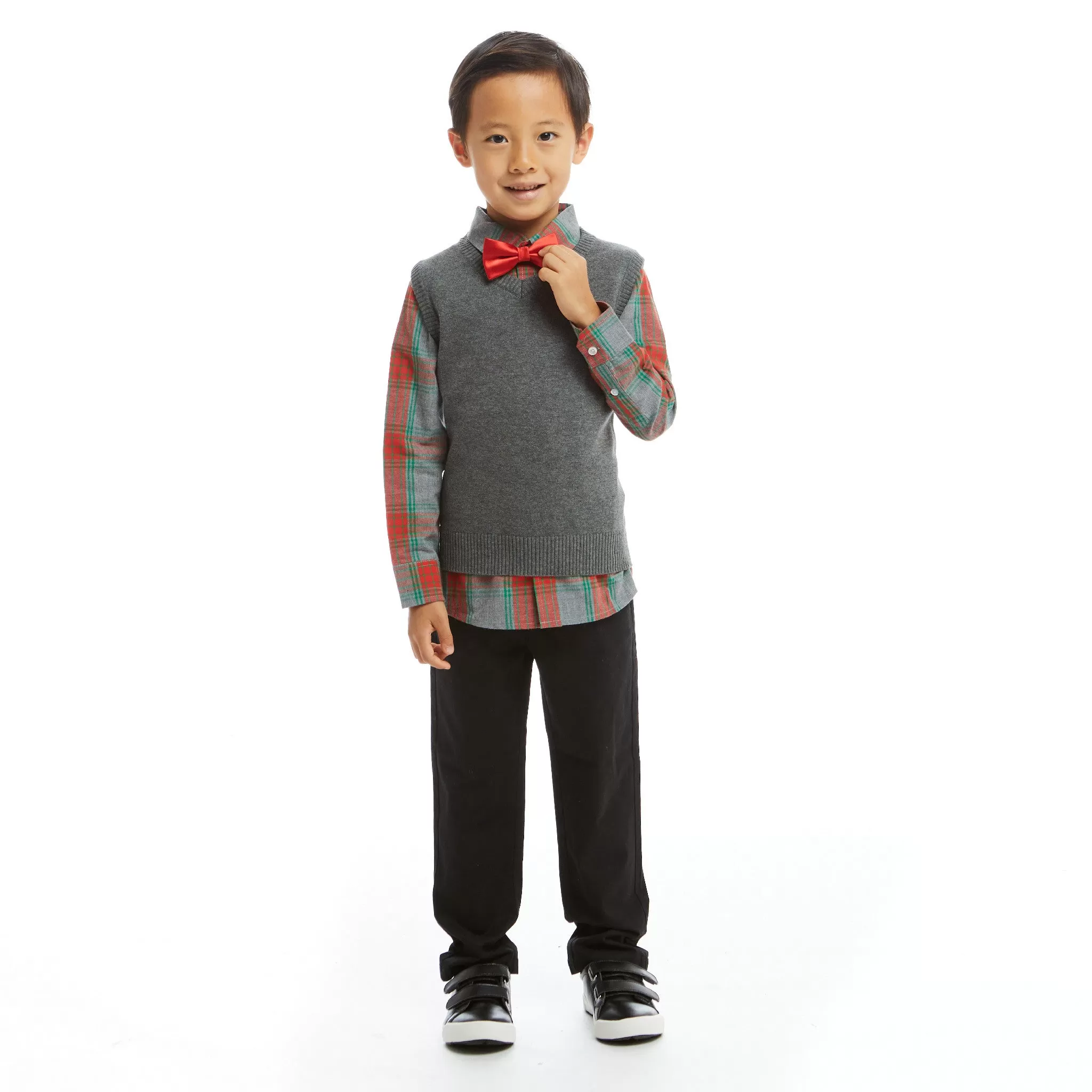 Holiday Check Buttondown w/ Vest Set  | Grey