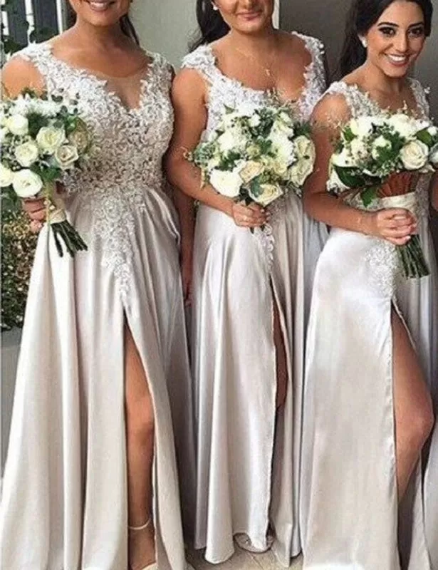 Hot Selling A-Line Scoop Sleeveless Split Front Appliques Long Bridesmaid Dress