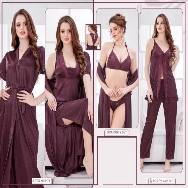 Indian Silk Bridal Nighty Set 6pc For Women