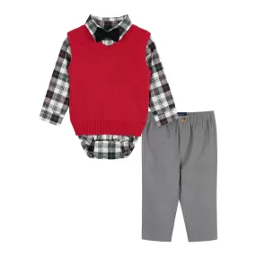 Infant White Plaid Buttondown w/ Vest Set  | White