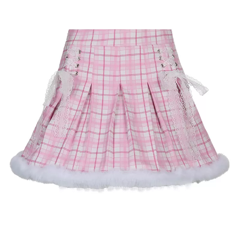 Ins Spice Girl wool stitched Pink Plaid pleated skirt BY4088