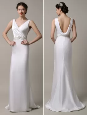 Ivory Satin Deep V-Neck And Cowlback With Embellished Sash Wedding Dress