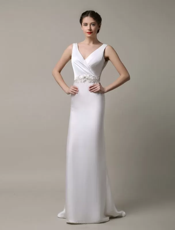 Ivory Satin Deep V-Neck And Cowlback With Embellished Sash Wedding Dress