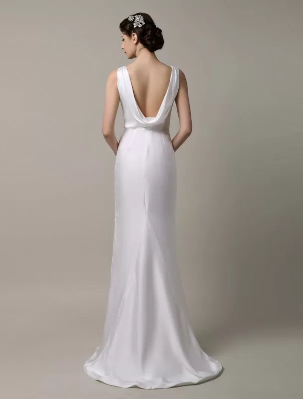 Ivory Satin Deep V-Neck And Cowlback With Embellished Sash Wedding Dress