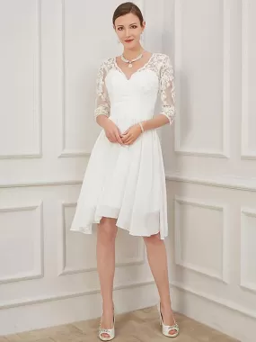 Ivory Short Wedding Dress Knee Length V Neck Half Sleeves A Line Natural Waist Chiffon Bridal Dresses